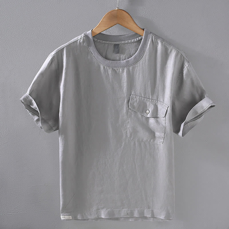 Buddha Stonesクルーネック シンプルデザイン メンズ 半袖 リネンシャツ ポケット付き - ダークグレー - US/UK/AU42、 EU52 (3XL) - image 0