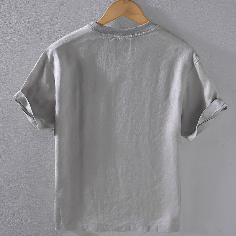 Buddha Stonesクルーネック シンプルデザイン メンズ 半袖 リネンシャツ ポケット付き - image 1