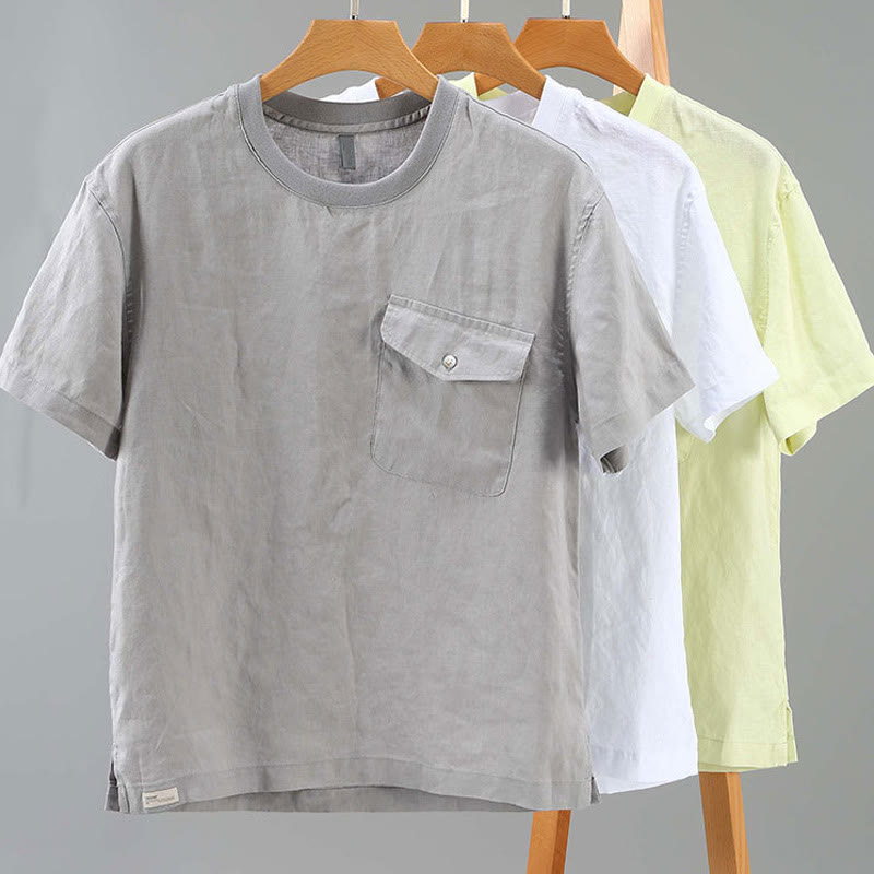 Buddha Stonesクルーネック シンプルデザイン メンズ 半袖 リネンシャツ ポケット付き - image 13