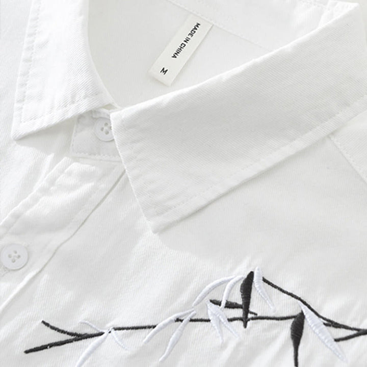 Buddha Stonesの芸術的なシンプルなデザインの刺繍と竹の模様のメンズ半袖コットンシャツ - image 5