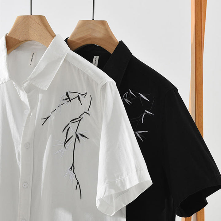 Buddha Stonesの芸術的なシンプルなデザインの刺繍と竹の模様のメンズ半袖コットンシャツ - image 15