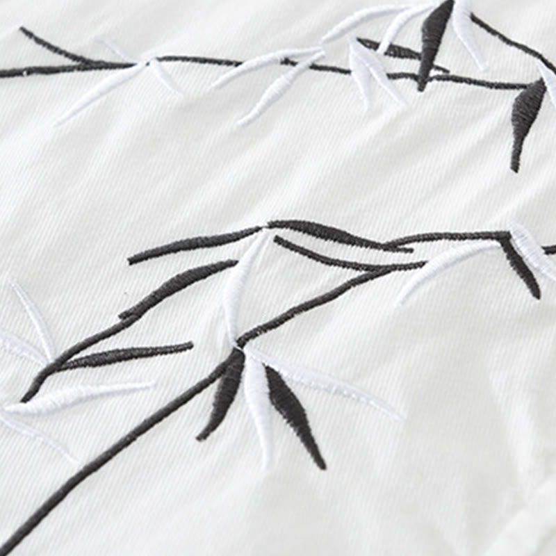 Buddha Stonesの芸術的なシンプルなデザインの刺繍と竹の模様のメンズ半袖コットンシャツ - image 6