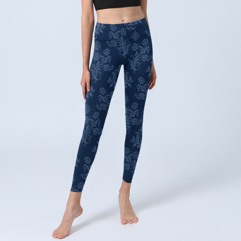 Buddha Stonesブルー フローラル リーフ プリント ジムレギンス レディース ヨガパンツ - image 5