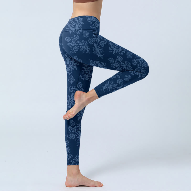 Buddha Stonesブルー フローラル リーフ プリント ジムレギンス レディース ヨガパンツ - image 3