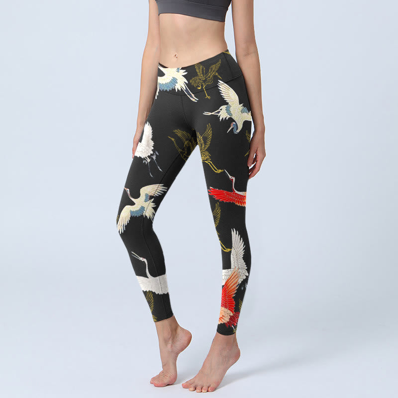 Buddha Stonesホワイト レッド ゴールド クレーン プリント ジムレギンス レディース ヨガパンツ - 黒 - US18、 UK/AU22、 EU50 (4XL) - image 0