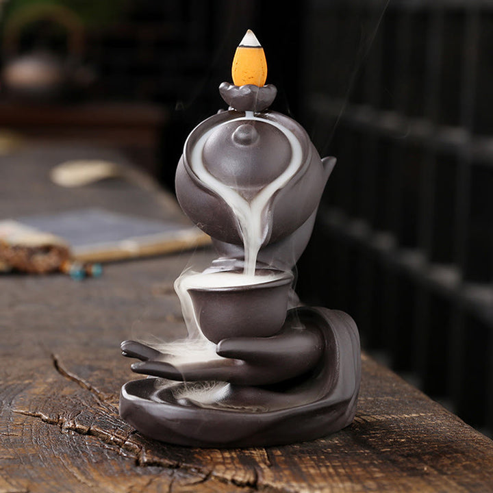 Buddha Stones仏陀の手を持つティーポットカップ セラミック逆流煙噴水 癒しの香炉装飾 - image 1