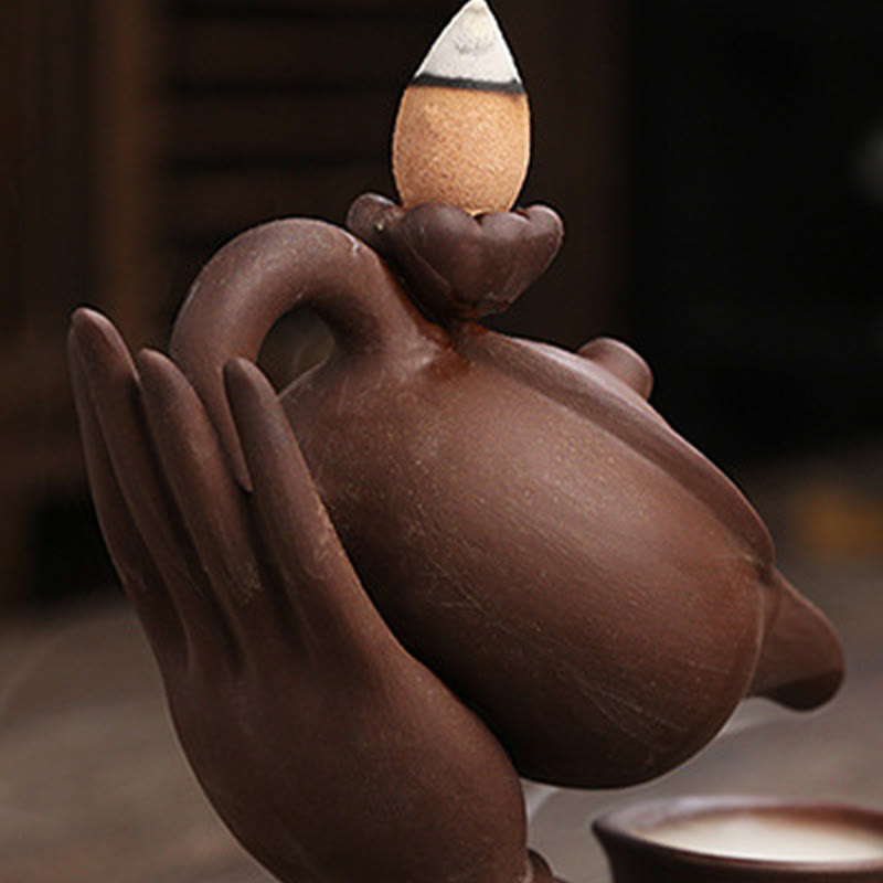 Buddha Stones仏陀の手を持つティーポットカップ セラミック逆流煙噴水 癒しの香炉装飾 - image 15
