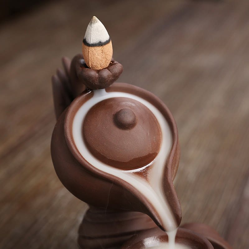 Buddha Stones仏陀の手を持つティーポットカップ セラミック逆流煙噴水 癒しの香炉装飾 - image 16