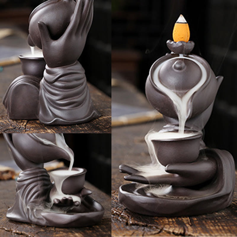 Buddha Stones仏陀の手を持つティーポットカップ セラミック逆流煙噴水 癒しの香炉装飾 - image 8