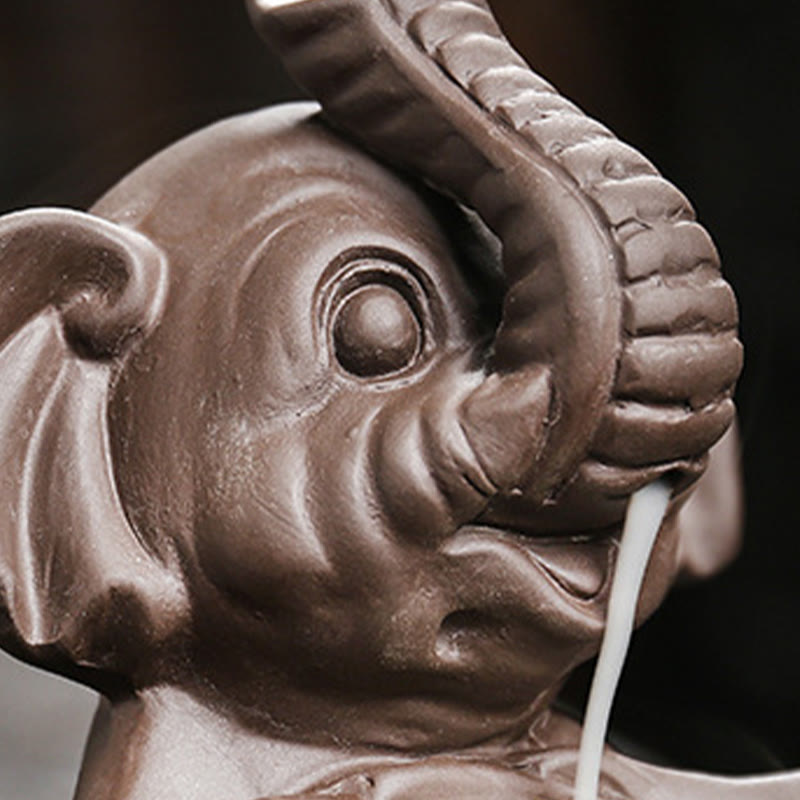 Buddha Stones小さな象の葉っぱを持つ紫粘土の逆流煙噴水 癒しの香炉装飾 - image 11