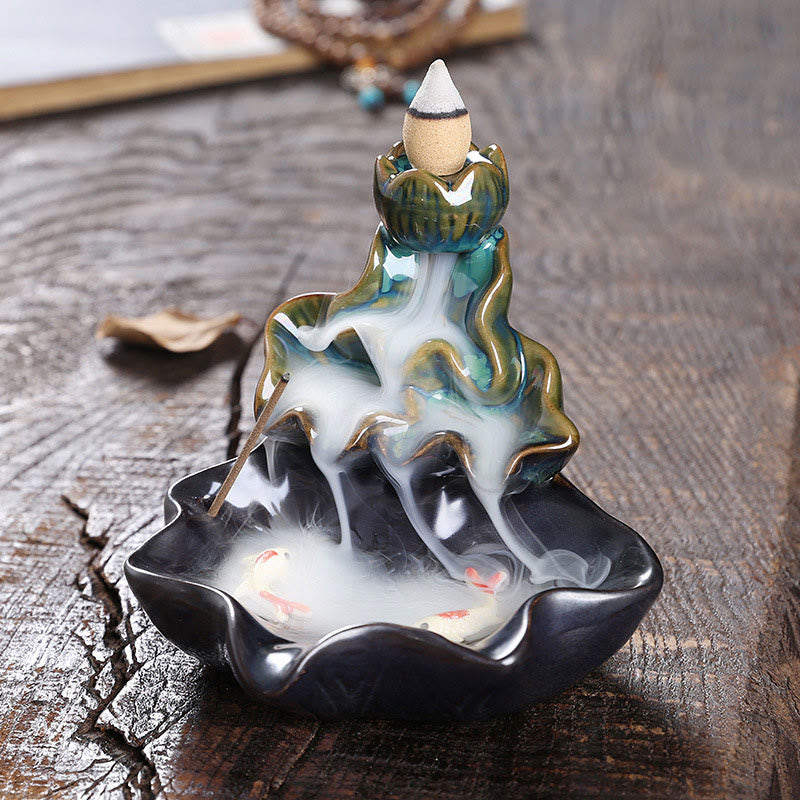 Buddha Stones蓮の葉 鯉 陶器 逆流煙噴水 平和香炉 装飾 - ブルー 11.5×11×10cm - image 1