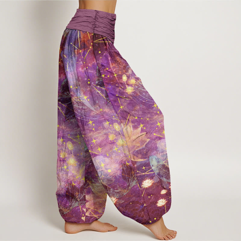 Buddha Stonesコットン鯉蓮月星柄レディース伸縮性ウエストハーレムパンツ - image 5