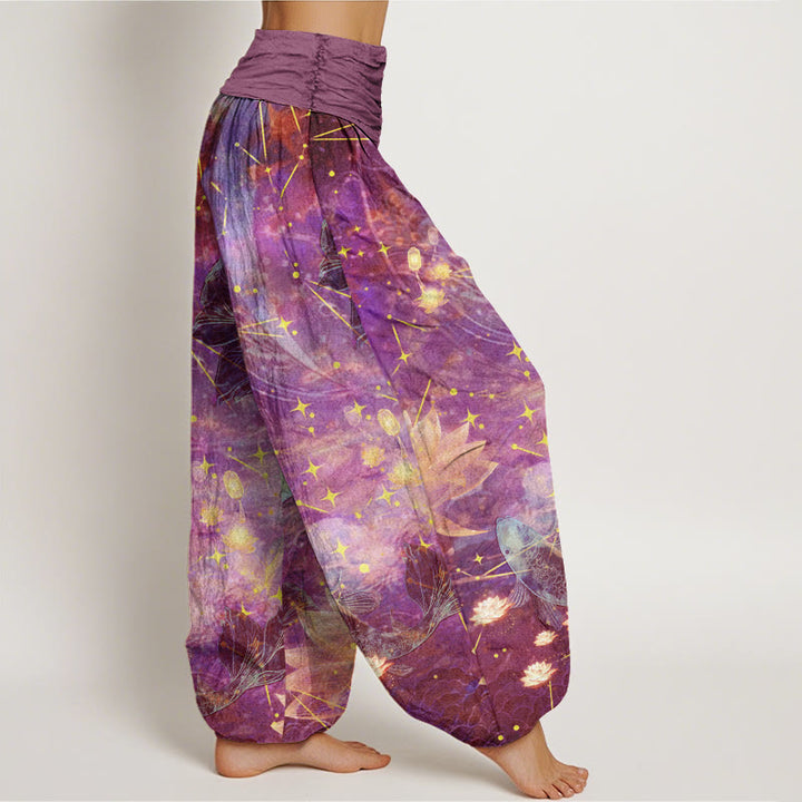 Buddha Stonesコットン鯉蓮月星柄レディース伸縮性ウエストハーレムパンツ - image 5