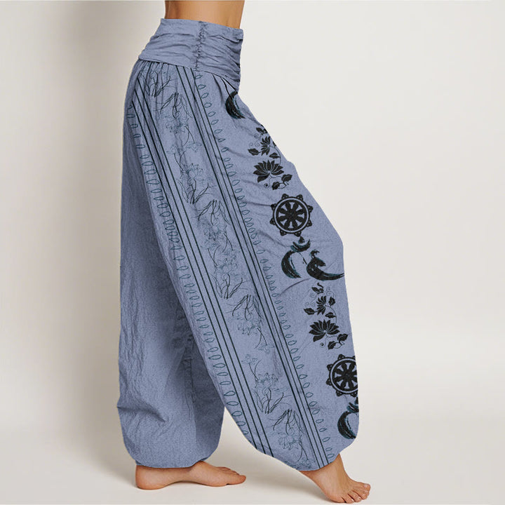 Buddha StonesコットンダルマホイールロータスOM柄レディース伸縮性ウエストハーレムパンツ - image 1