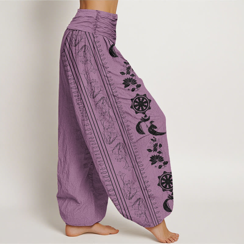 Buddha StonesコットンダルマホイールロータスOM柄レディース伸縮性ウエストハーレムパンツ - image 6