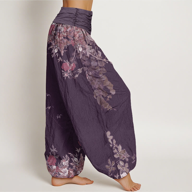 Buddha Stonesコットン カジュアル レッド 牡丹 花 つる デザイン レディース 伸縮性ウエスト ハーレムパンツ - image 8