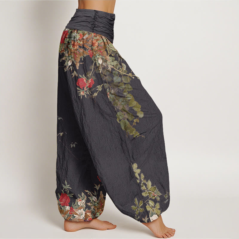 Buddha Stonesカジュアル レッド 牡丹 花 つる デザイン レディース 伸縮性ウエスト ハーレムパンツ - image 2