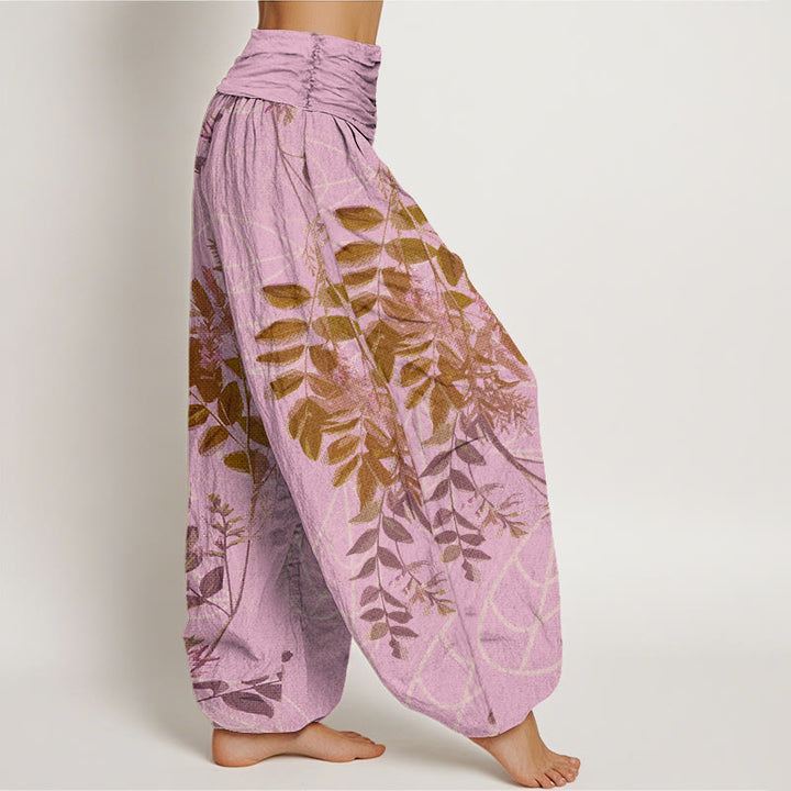 Buddha Stonesコットングリーンの葉と枝柄レディース伸縮性ウエストハーレムパンツ - image 6