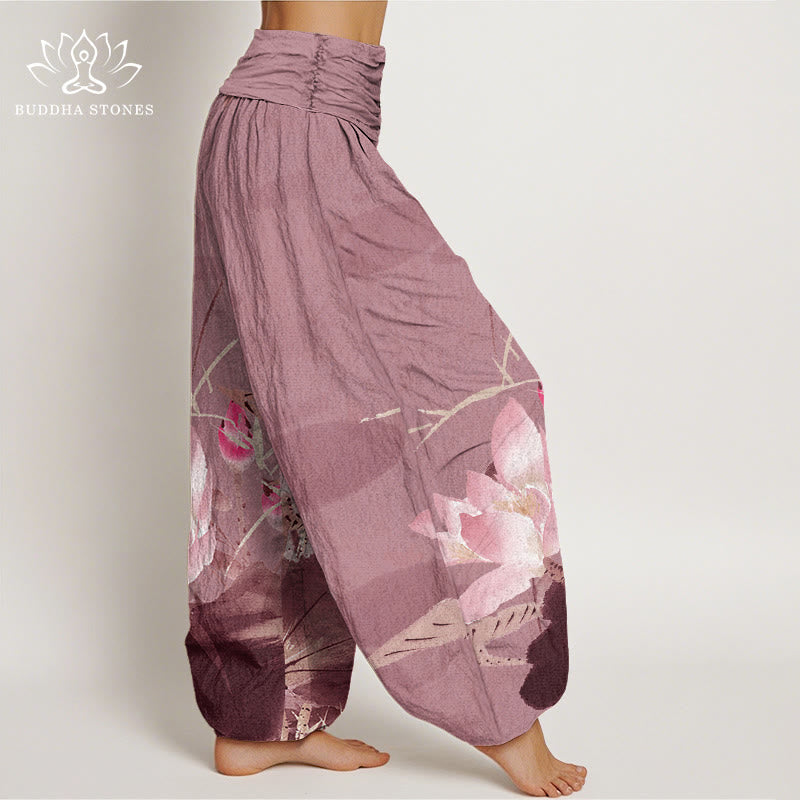 Buddha Stonesコットンピンク蓮の葉鳥柄レディース伸縮性ウエストハーレムパンツ - image 8