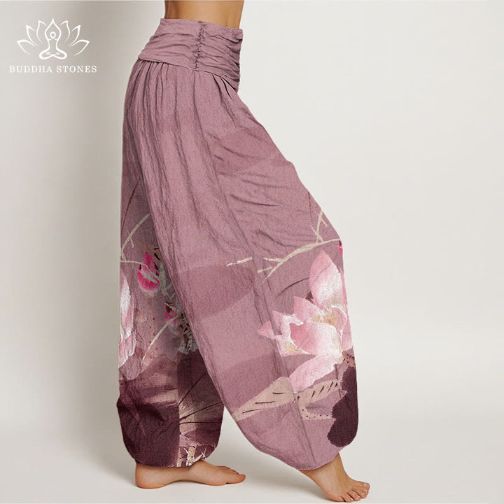 Buddha Stonesコットンピンク蓮の葉鳥柄レディース伸縮性ウエストハーレムパンツ - image 8