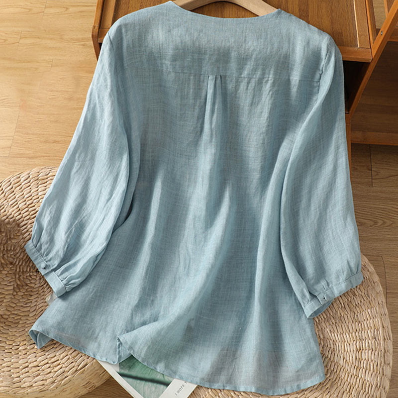 Buddha Stonesカジュアル刺繍入りシングルブレストボタンハーフスリーブレディースVネックシャツ - image 1