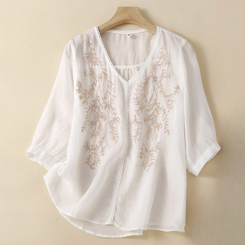 Buddha Stones夏用 カジュアル 花枝刺繍模様 Vネック 半袖 レディース Tシャツ - 白 - US8-10，UK/AU12-14，EU40-42 (2XL) - image 5