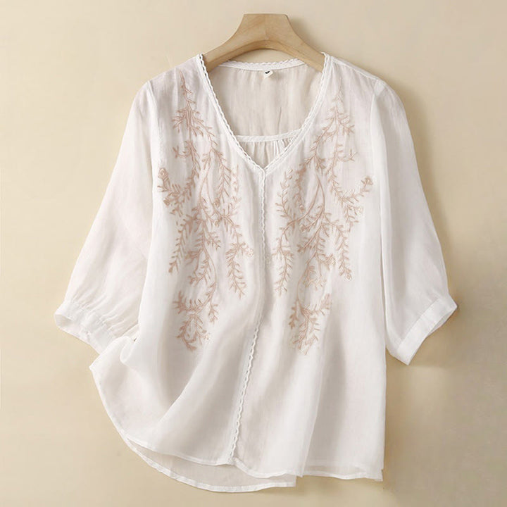 Buddha Stones夏 カジュアル 花 枝 刺繍柄 Vネック 半袖 コットン リネン レディース Tシャツ