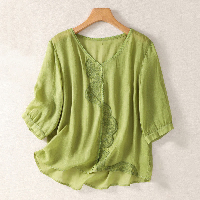 Buddha Stonesカジュアル刺繍柄レディースVネックデザイン半袖コットンリネンTシャツ - 黄緑 - US14、 UK/AU18、 EU46 (2XL) - image 13