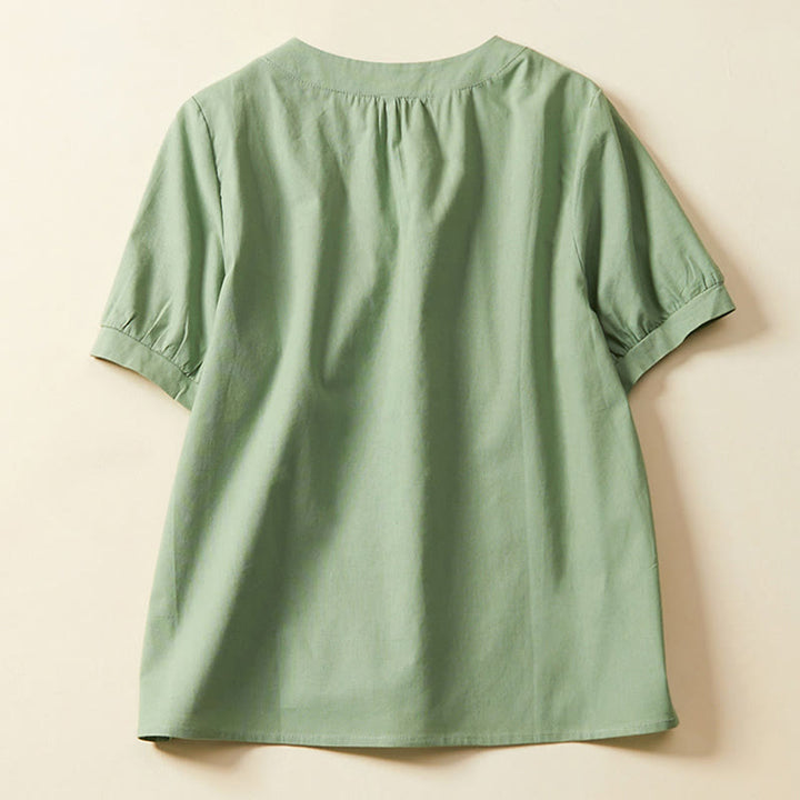 Buddha Stonesカジュアル 無地 ボタン レディース 半袖 コットン リネン Tシャツ - image 1