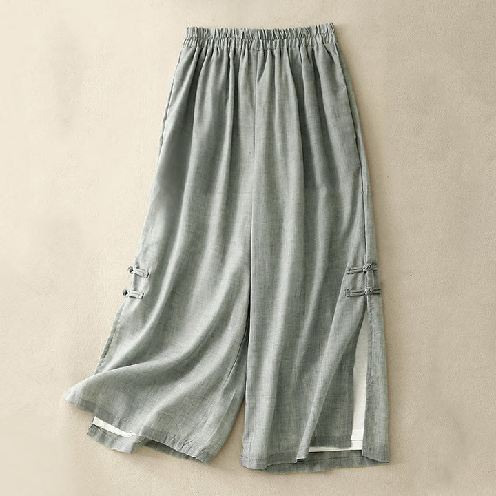 Buddha Stonesフロッグボタン裾スリットデザイン レディース ワイドレッグ コットンリネン パンツ ポケット付き - ミディアムアクアマリン - US8-10，UK/AU12-14，EU40-42 (2XL) - image 18
