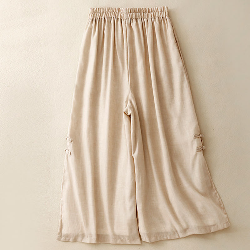 Buddha Stonesフロッグボタン裾スリットデザイン レディース ワイドレッグ コットンリネン パンツ ポケット付き - image 2