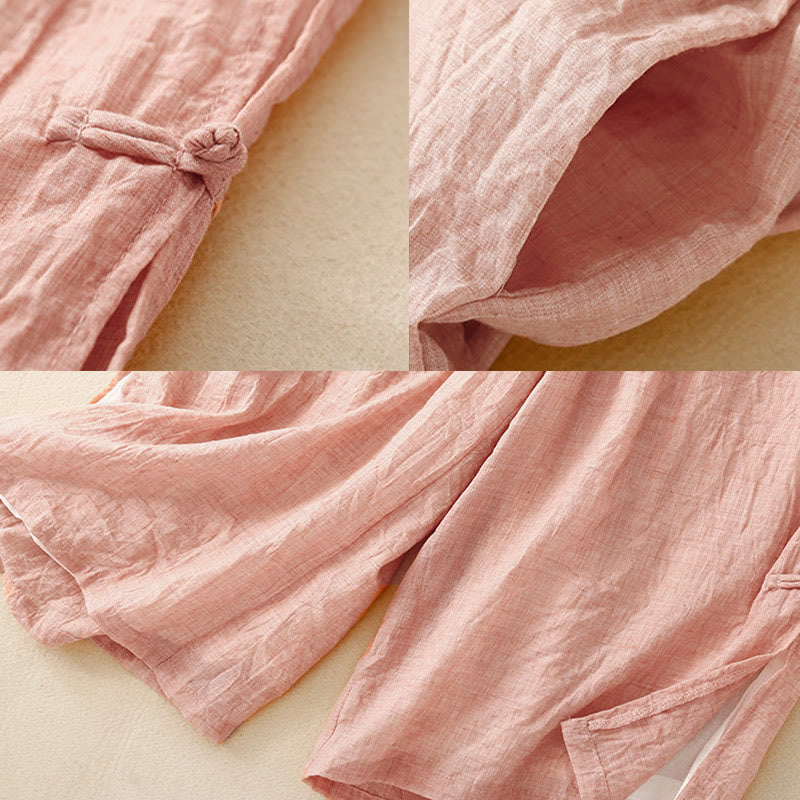 Buddha Stonesフロッグボタン裾スリットデザイン レディース ワイドレッグ コットンリネン パンツ ポケット付き - image 16