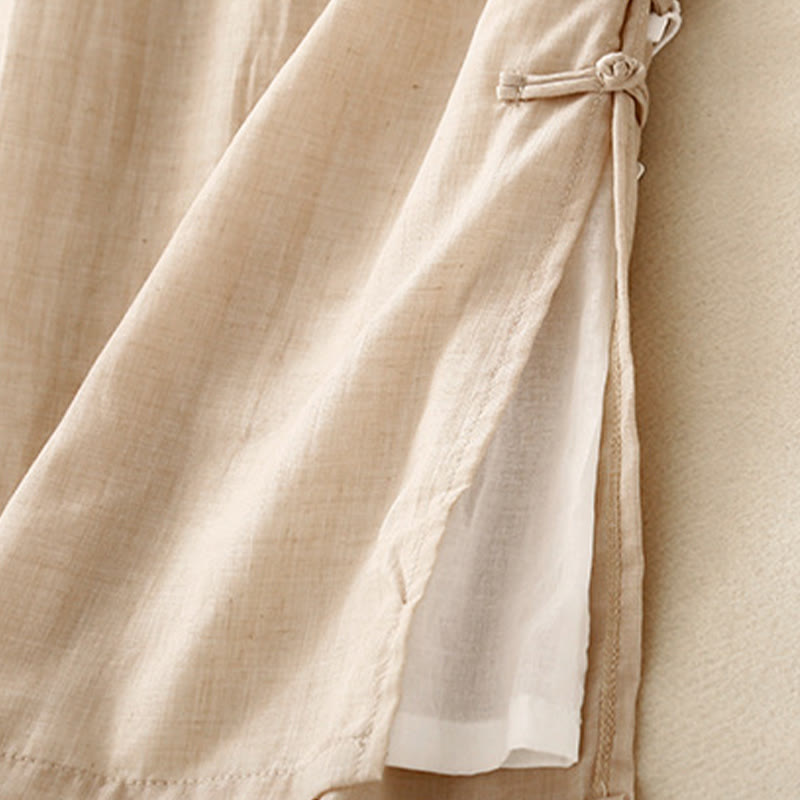 Buddha Stonesフロッグボタン裾スリットデザイン レディース ワイドレッグ コットンリネン パンツ ポケット付き - image 5