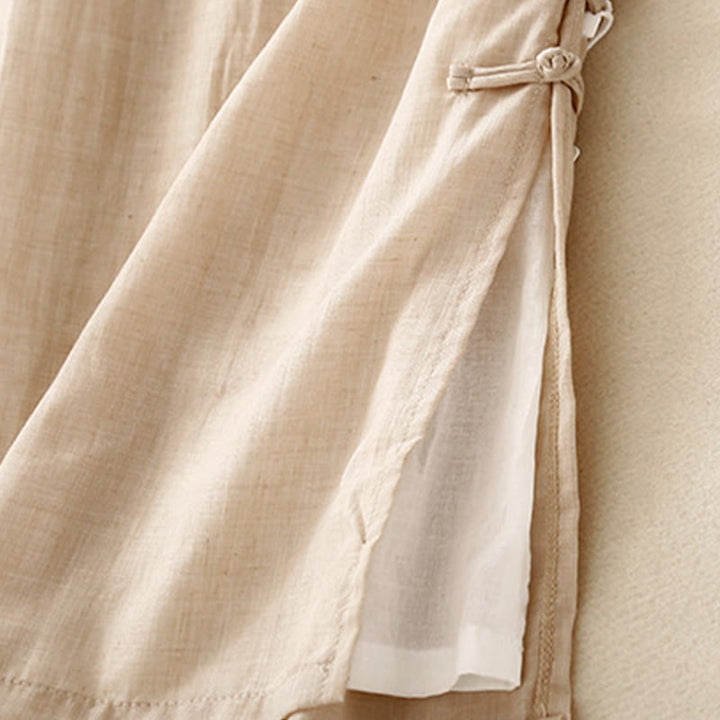 Buddha Stonesフロッグボタン裾スリットデザイン レディース ワイドレッグ コットンリネン パンツ ポケット付き - image 5