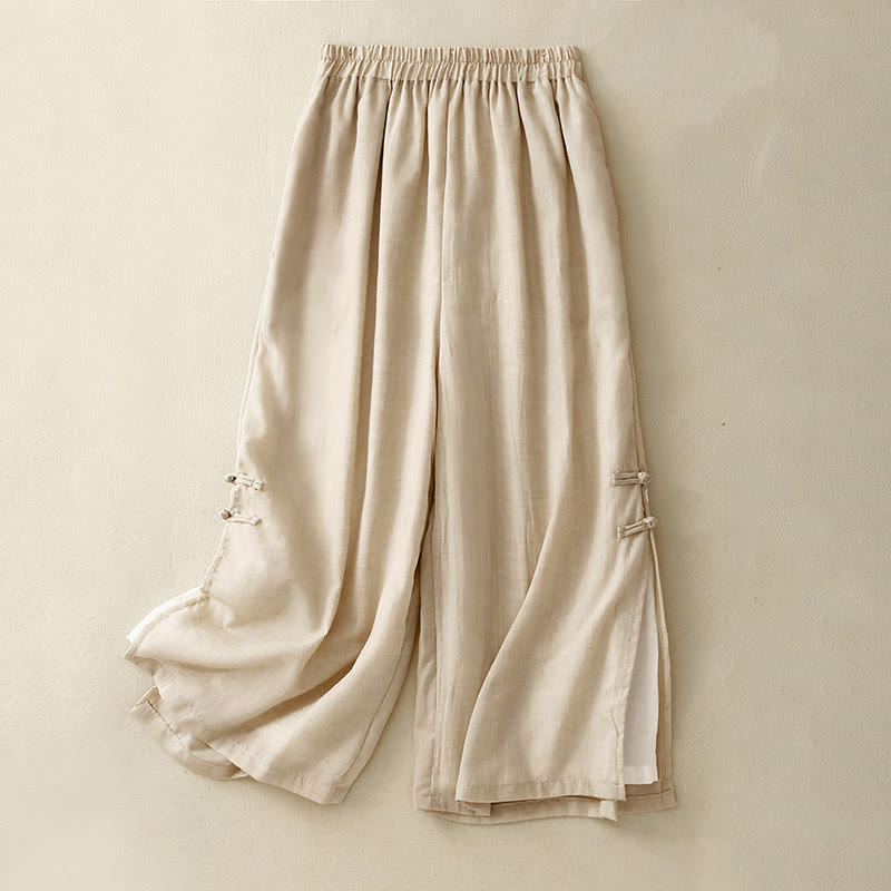 Buddha Stonesフロッグボタン裾スリットデザイン レディース ワイドレッグ コットンリネン パンツ ポケット付き - ベージュ - US8-10，UK/AU12-14，EU40-42 (2XL) - image 1