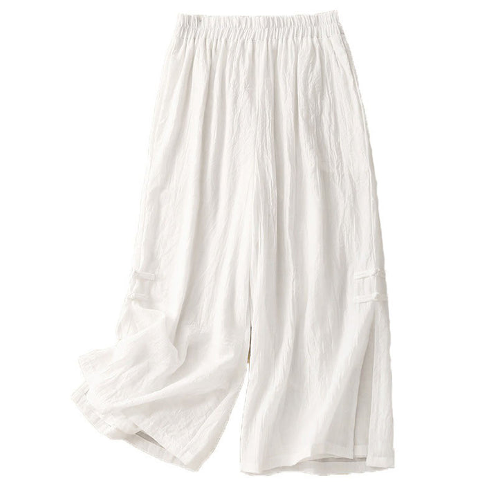 Buddha Stonesフロッグボタン裾スリットデザイン レディース ワイドレッグ コットンリネン パンツ ポケット付き - image 14