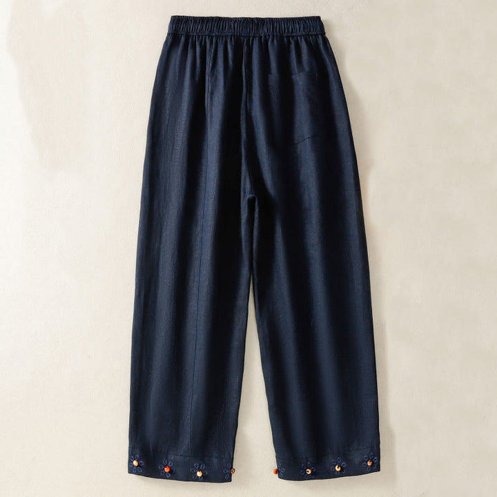 Buddha Stonesカジュアル 刺繍ビーズ ドローストリング レディース ワイドレッグ コットンパンツ ポケット付き - image 1