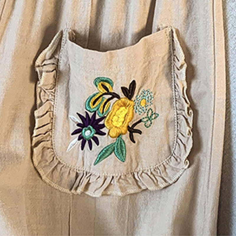 Buddha Stonesカジュアル ベージュ 刺繍 レディース ワイドレッグ コットンリネン パンツ ポケット付き - image 8