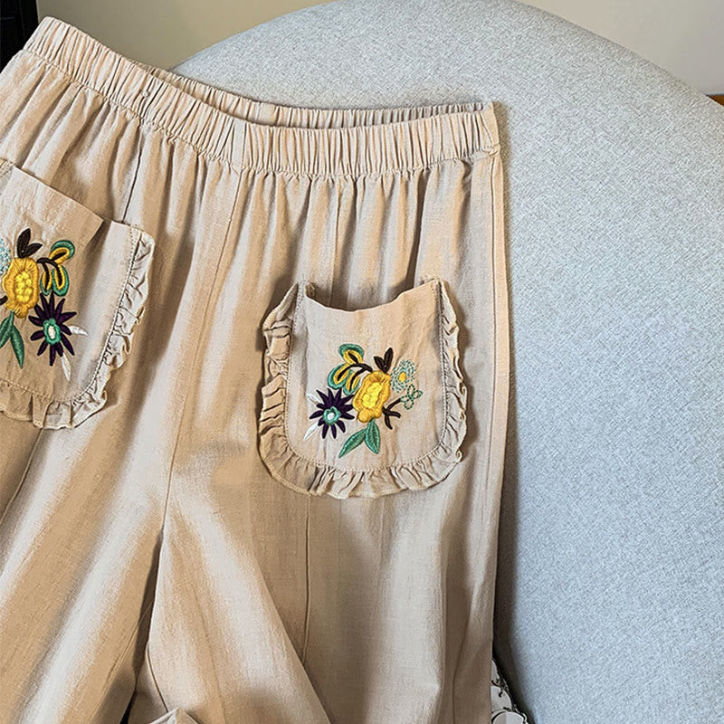 Buddha Stonesカジュアル ベージュ 刺繍 レディース ワイドレッグ コットンリネン パンツ ポケット付き - image 5