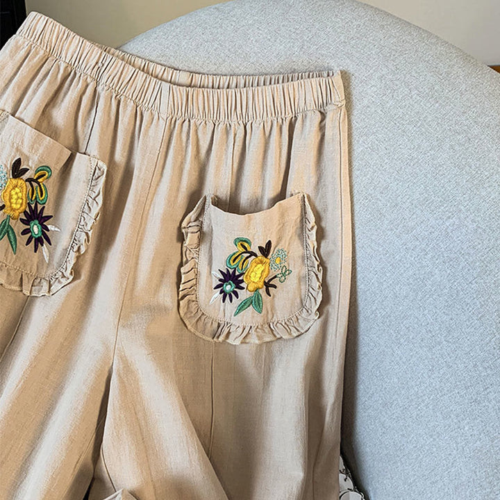 Buddha Stonesカジュアル ベージュ 刺繍 レディース ワイドレッグ コットンリネン パンツ ポケット付き - image 5