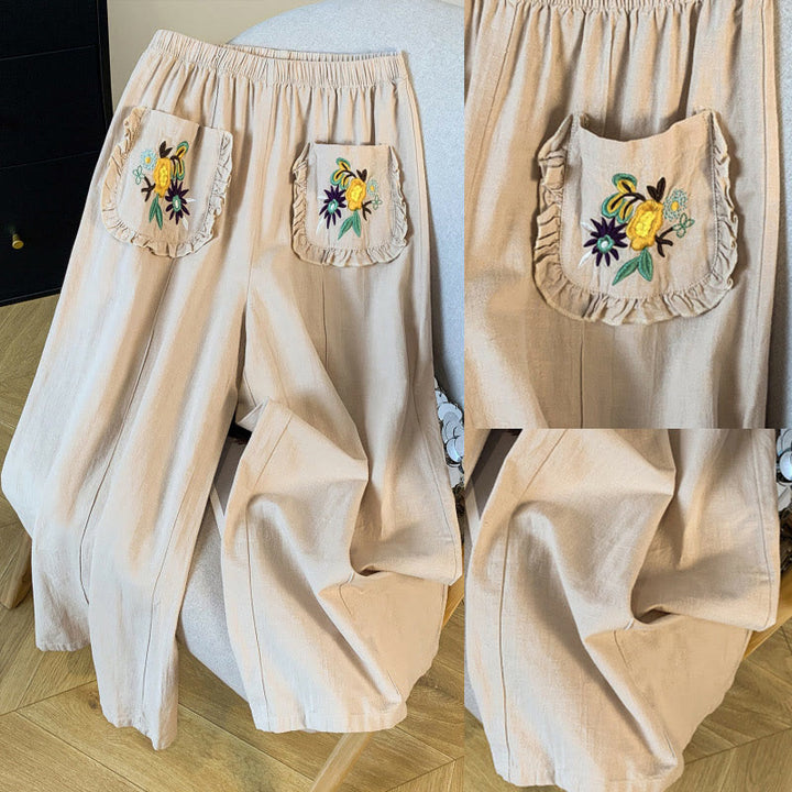 Buddha Stonesカジュアル ベージュ 刺繍 レディース ワイドレッグ コットンリネン パンツ ポケット付き - image 10