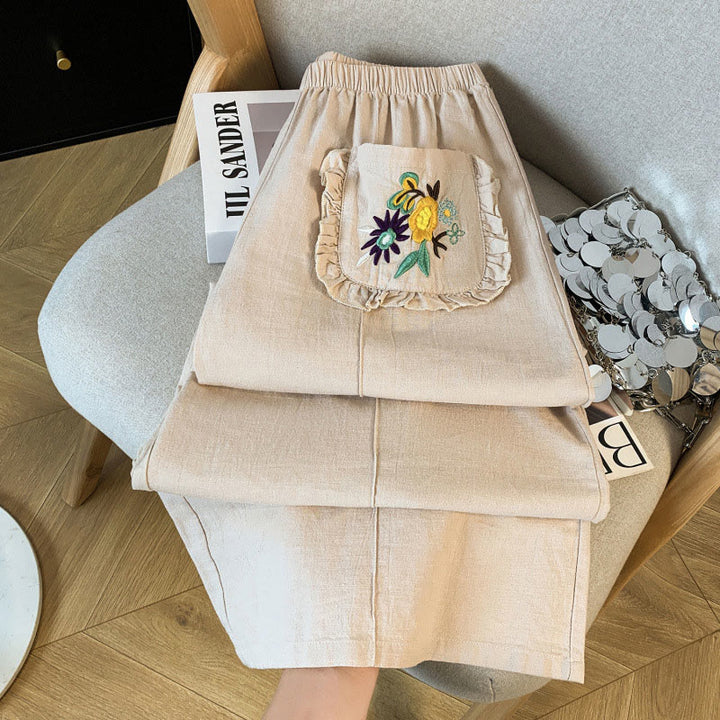 Buddha Stonesカジュアル ベージュ 刺繍 レディース ワイドレッグ コットンリネン パンツ ポケット付き - image 3