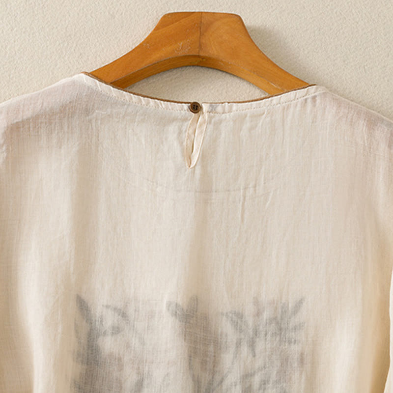 Buddha Stonesレトロ刺繍花柄七分袖レディースTシャツ - image 4