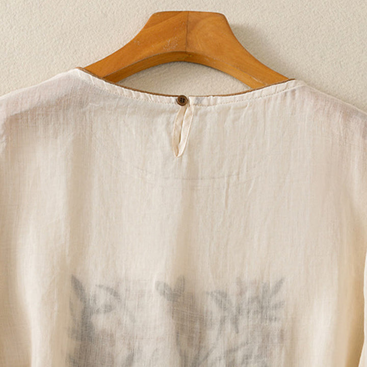 Buddha Stonesレトロ刺繍花柄七分袖レディースTシャツ - image 4