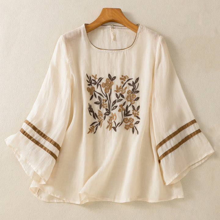 Buddha Stonesレトロ刺繍花柄七分袖レディースTシャツ - ベージュ - US14、 UK/AU18、 EU46 (2XL) - image 0