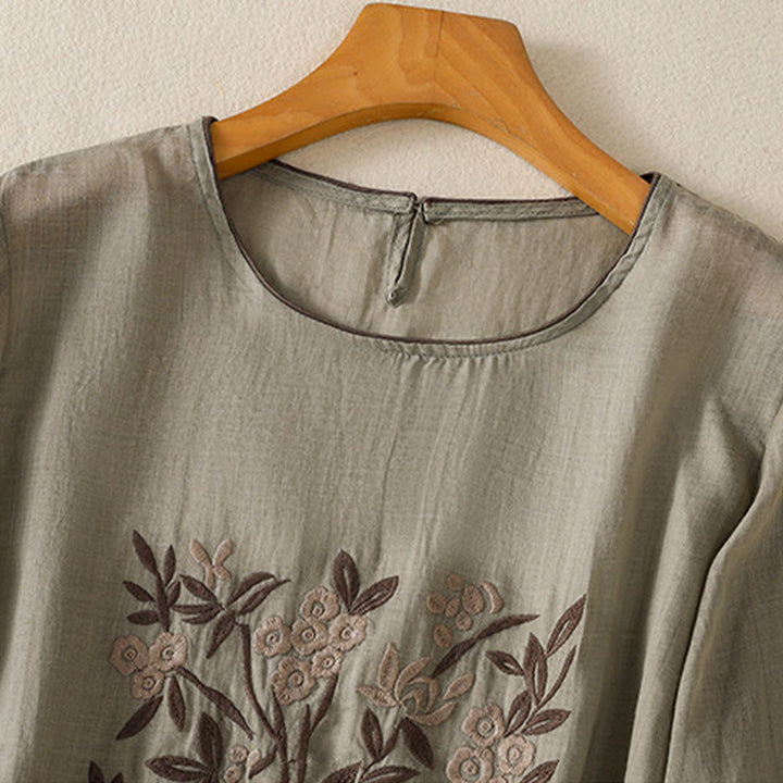 Buddha Stonesレトロ刺繍花柄七分袖レディースTシャツ - image 10