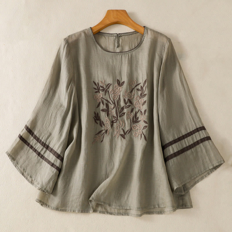 Buddha Stonesレトロ刺繍花柄七分袖レディースTシャツ - ダークシーグリーン - US14、 UK/AU18、 EU46 (2XL) - image 8