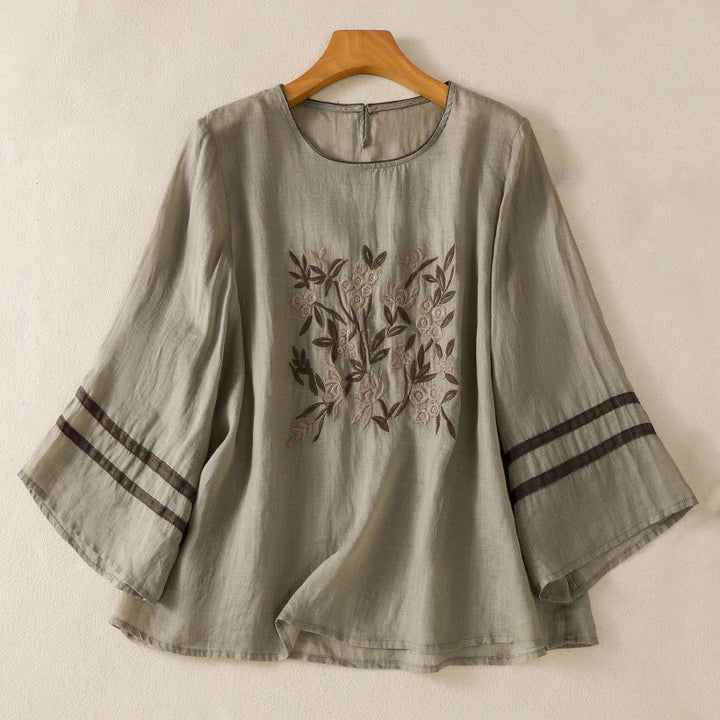 Buddha Stonesレトロ刺繍花柄七分袖レディースTシャツ - ダークシーグリーン - US14、 UK/AU18、 EU46 (2XL) - image 8