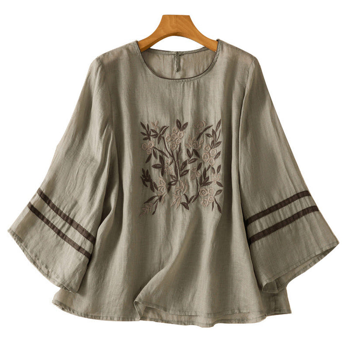 Buddha Stonesレトロ刺繍花柄七分袖レディースTシャツ - image 15
