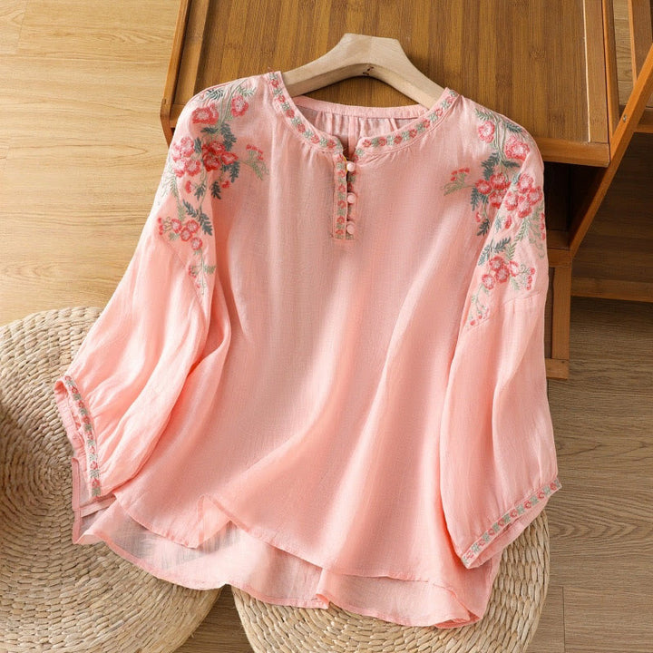Buddha Stones刺繍ボタン七分袖ノッチネックレディースコットンシャツ - ライトサーモン - US12、 UK/AU16、 EU44 (2XL) - image 8